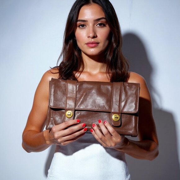 Lhia Vintage Brown Leather Clutch – Women's Fold-Over Evening Bag with Gold Turn - Picture 2 of 7